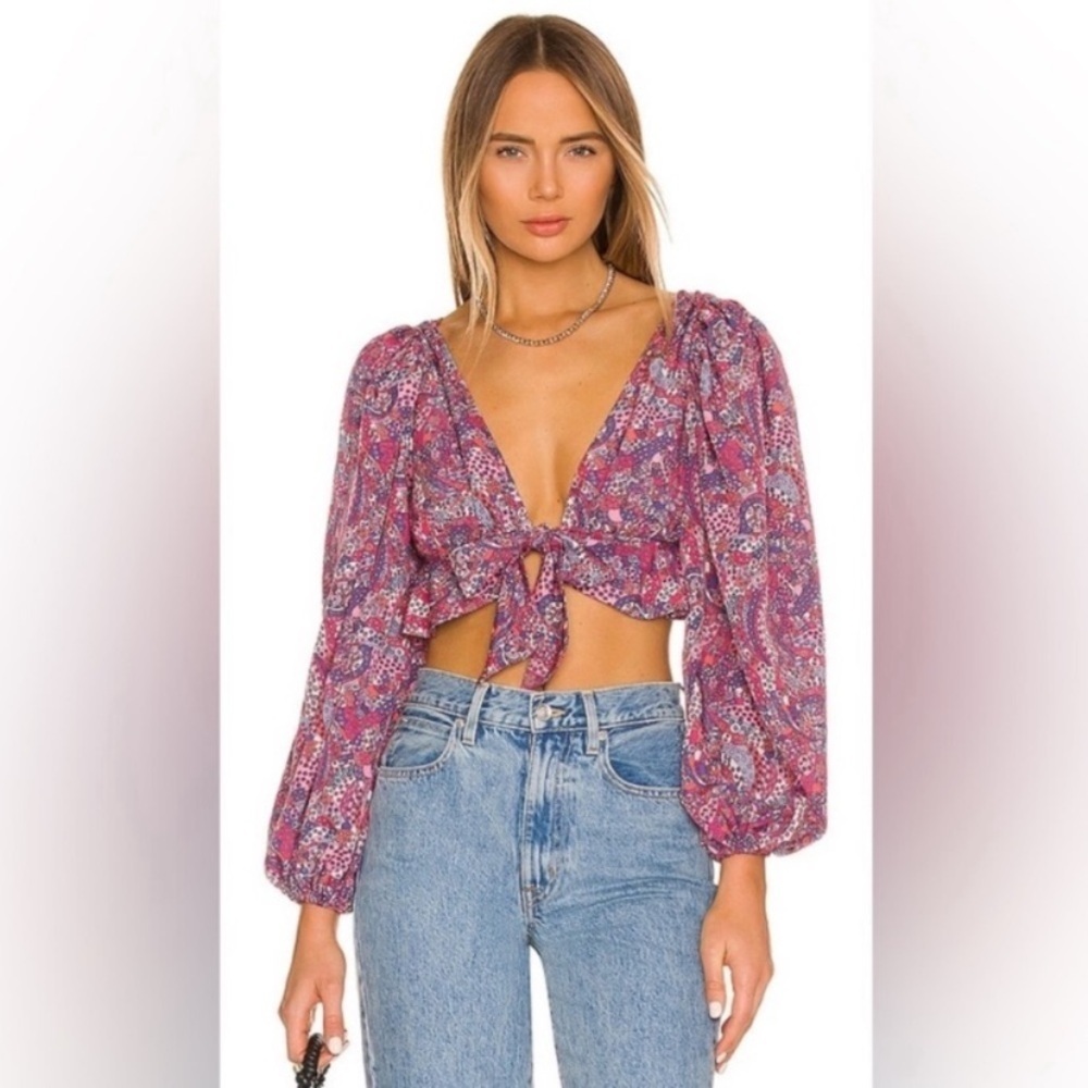 New! For love and lemons Tonya puff sleeve tie front back crop top 2627